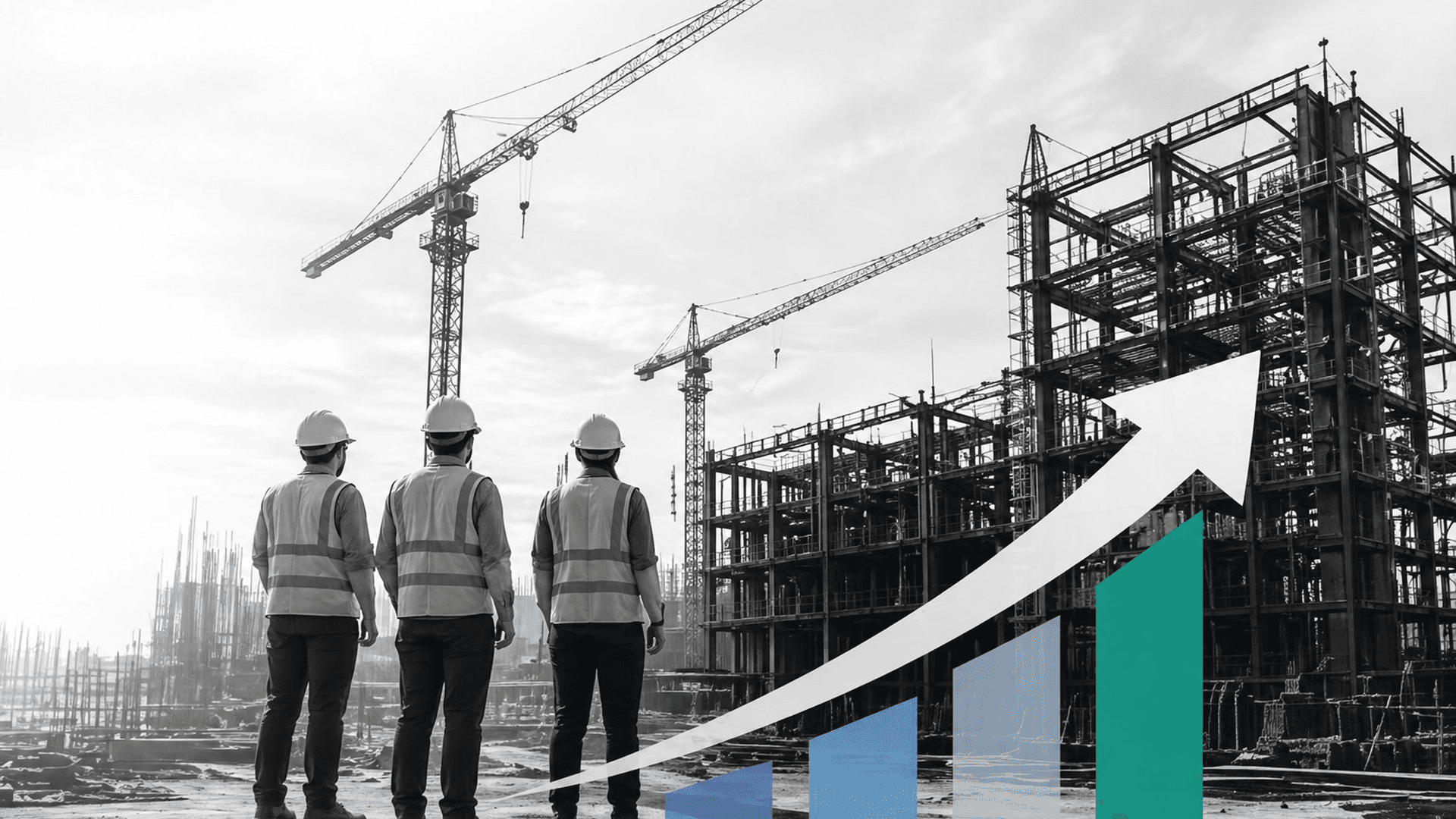 Construction site workers looking at a building under construction