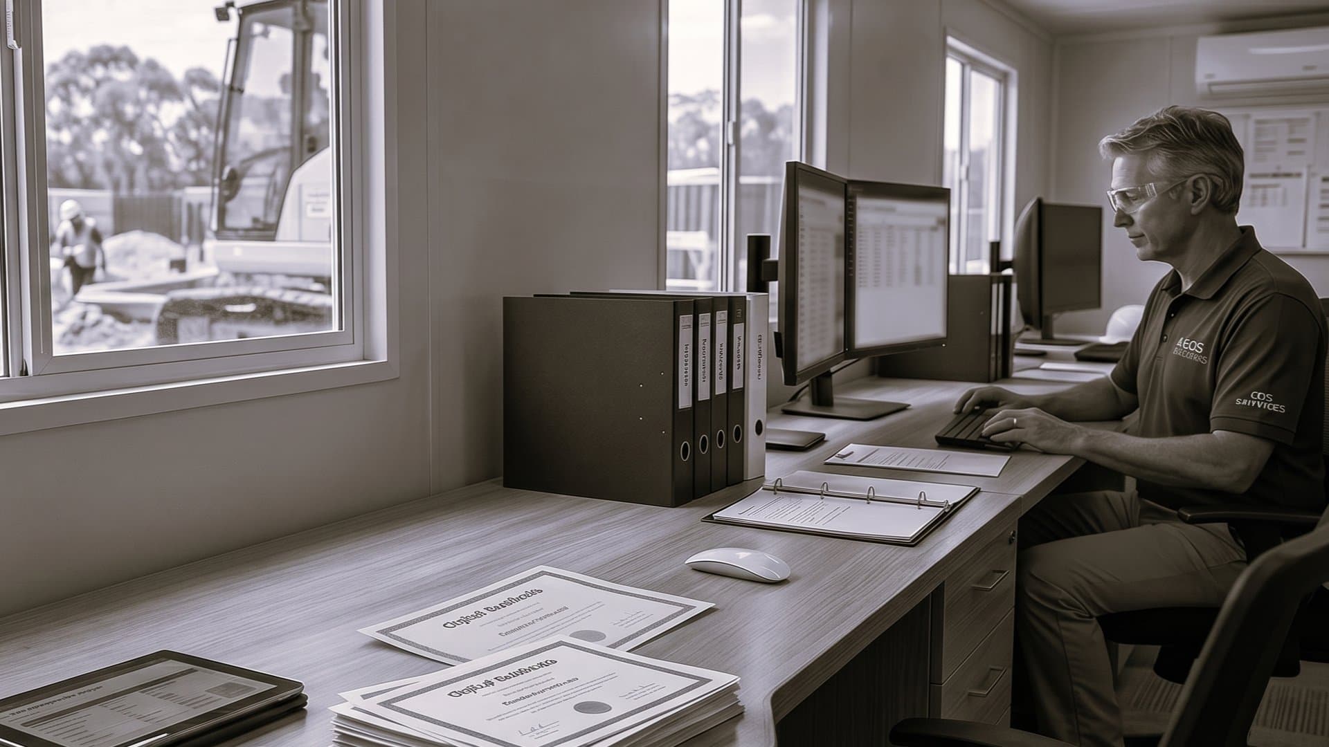Construction site manager at desk reviewing compliance documents